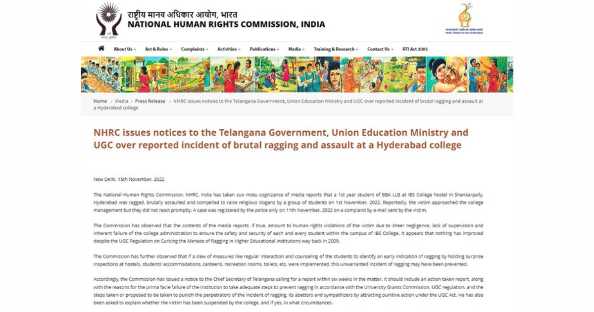 NHRC notice to Telangana govt, Centre over Hyderabad ragging incident